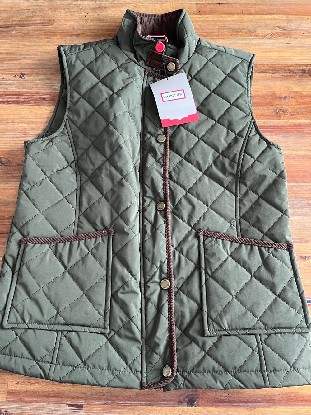 Hunter Quilted Olive Vest with Brown Trim Size S NWT